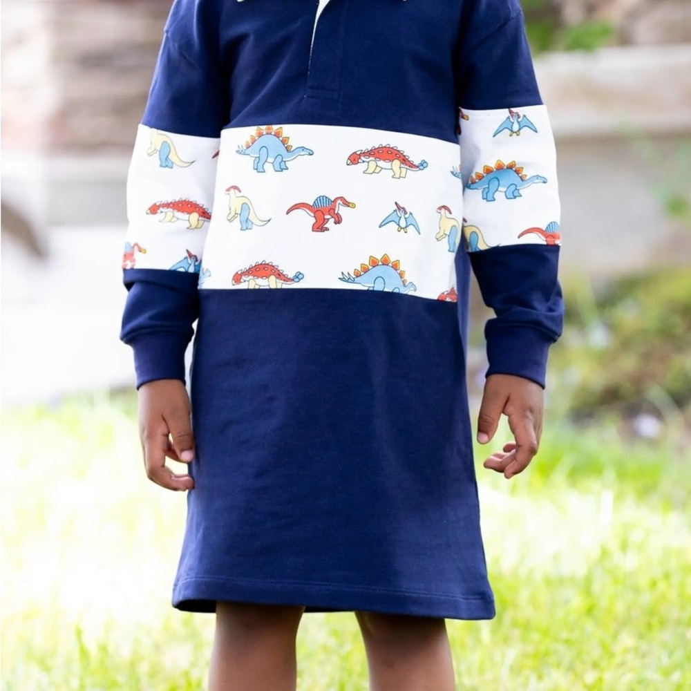 Monica + Andy Navy Blue Dinosaur Print Rugby Baby Girl Dress 0-6 M